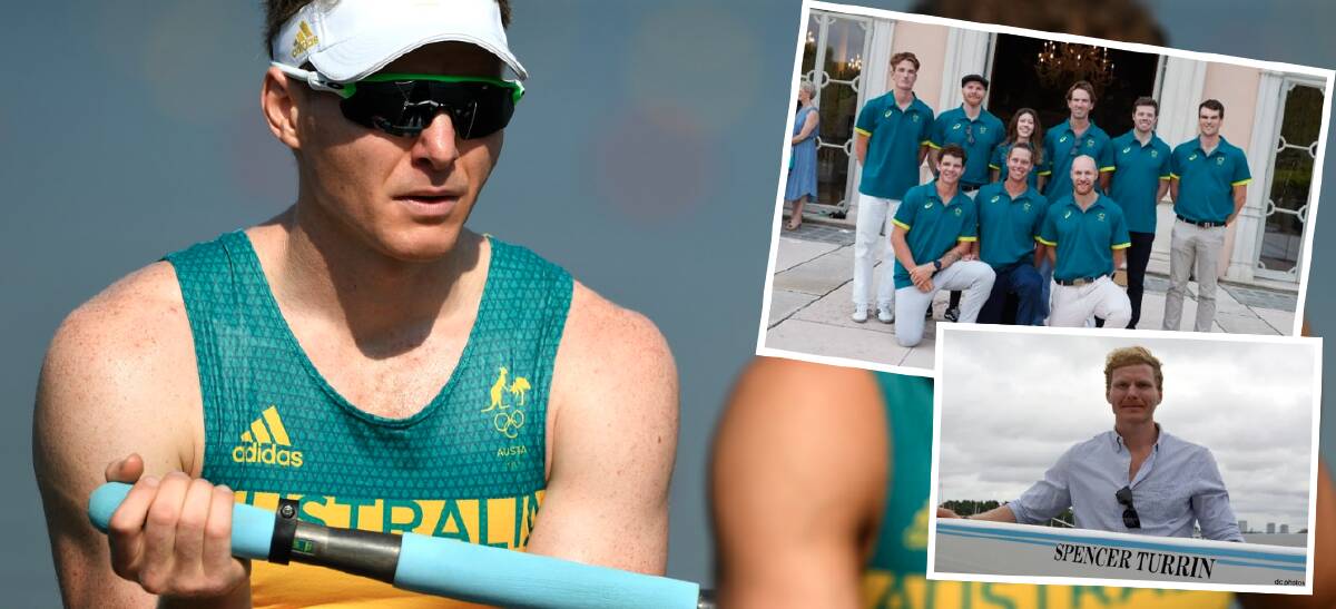 Spencer Turrin rowing for Australia and with the Aussie men's eight crew bound for Paris (inset). Pictures Rowing Australia and file.