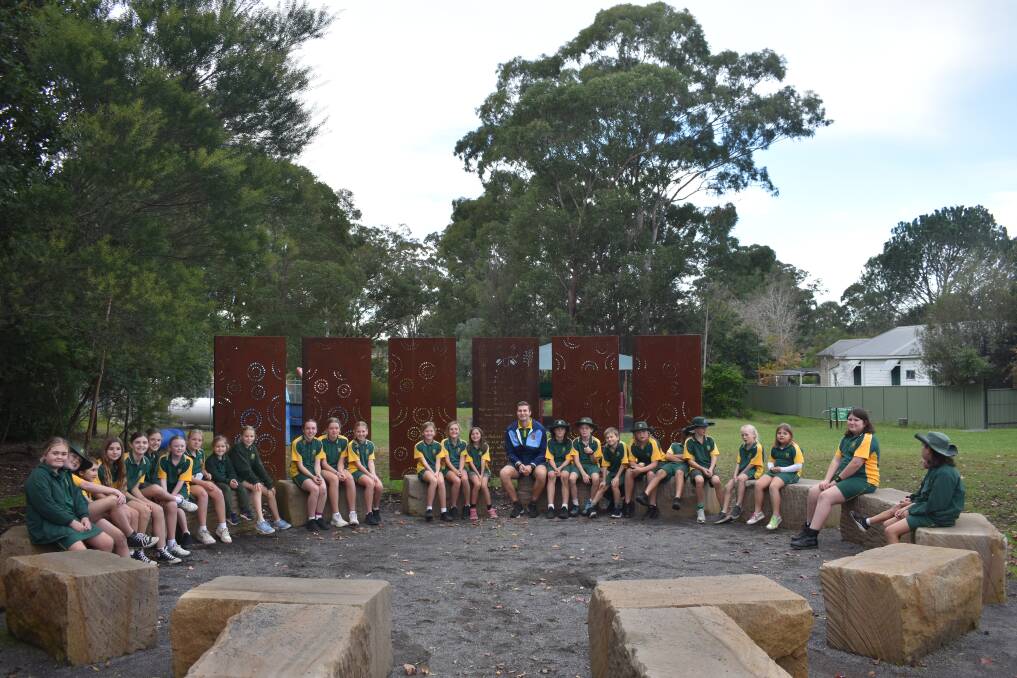 Jackson Myers and his class at Clarence Town Public School's new yarning circle. Picture by Angus Michie