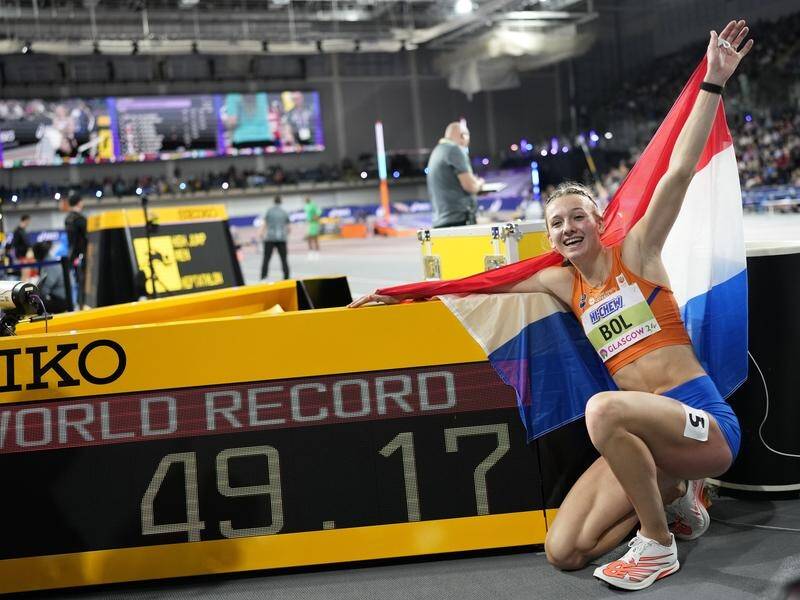 Femke Bol has smashed her own 400m world indoor record at the global championships in Glasgow. (AP PHOTO)